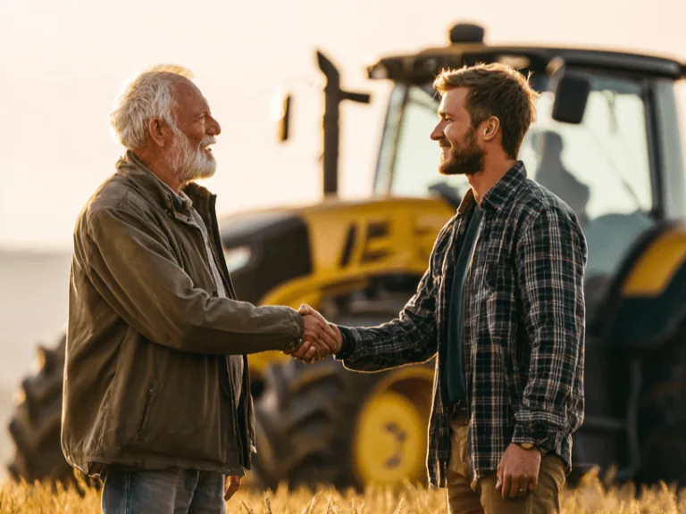 Idős és fiatal gazda megegyeznek a mezőn a gazdaság átadásában