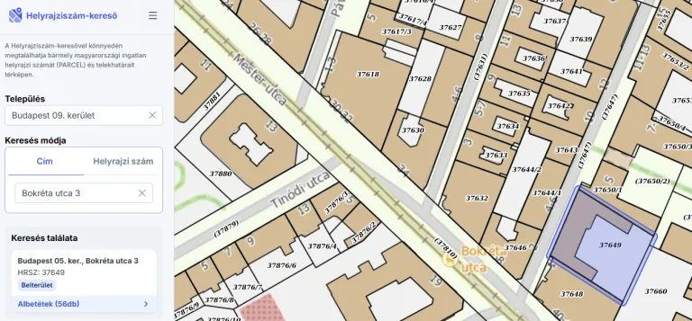 Helyrajziszám-keresővel könnyedén megtalálhatja bármely magyarországi ingatlan helyrajzi számát (PARCEL) és telekhatárait térképen.
