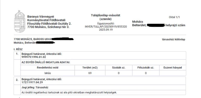 Mohácsi lakás tulajdoni lapja