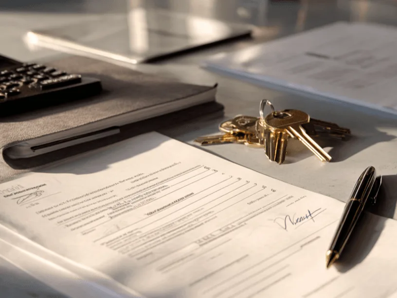 Számológép toll kulcs szerződés az asztalon