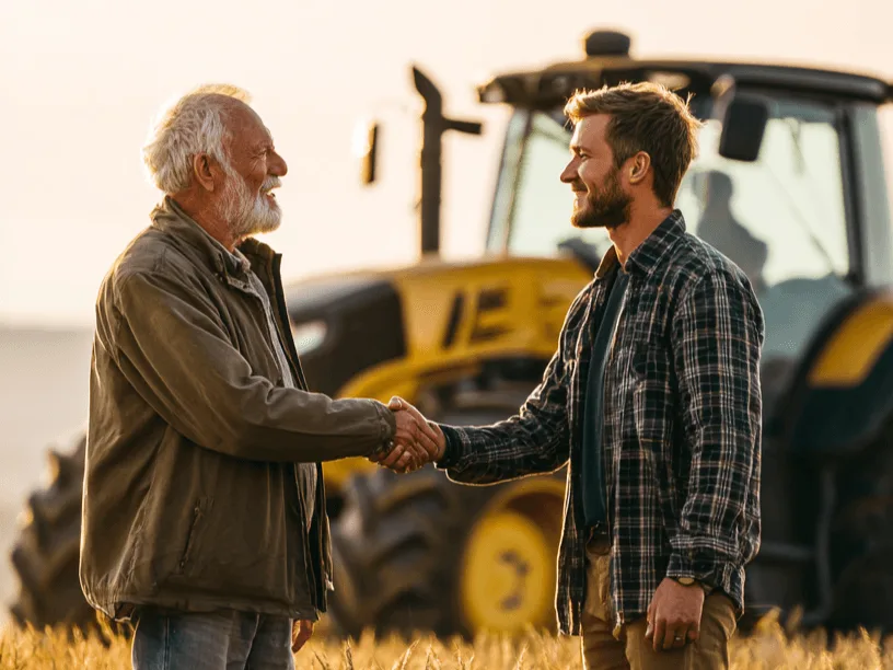 Idős és fiatal gazda megegyeznek a mezőn a gazdaság átadásában