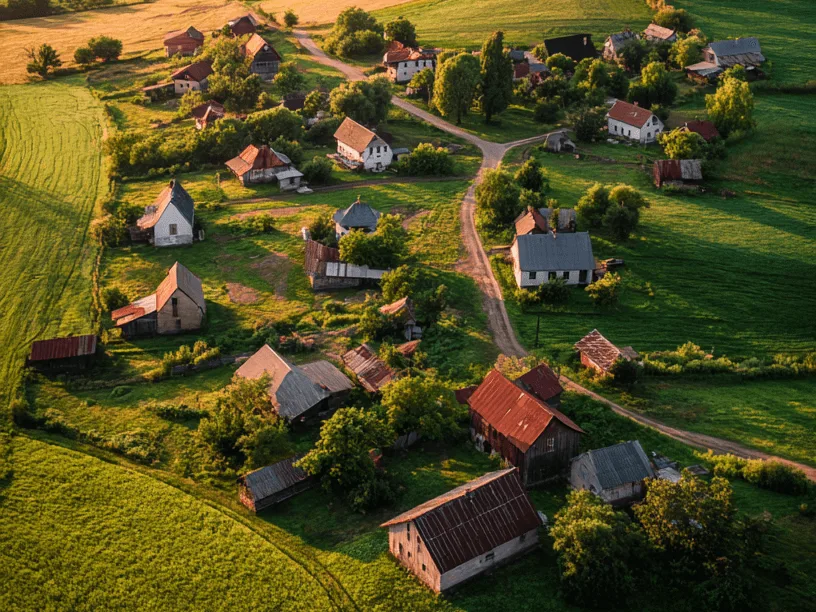 Falusi táj napfelkeltekor támogatott kistérségben
