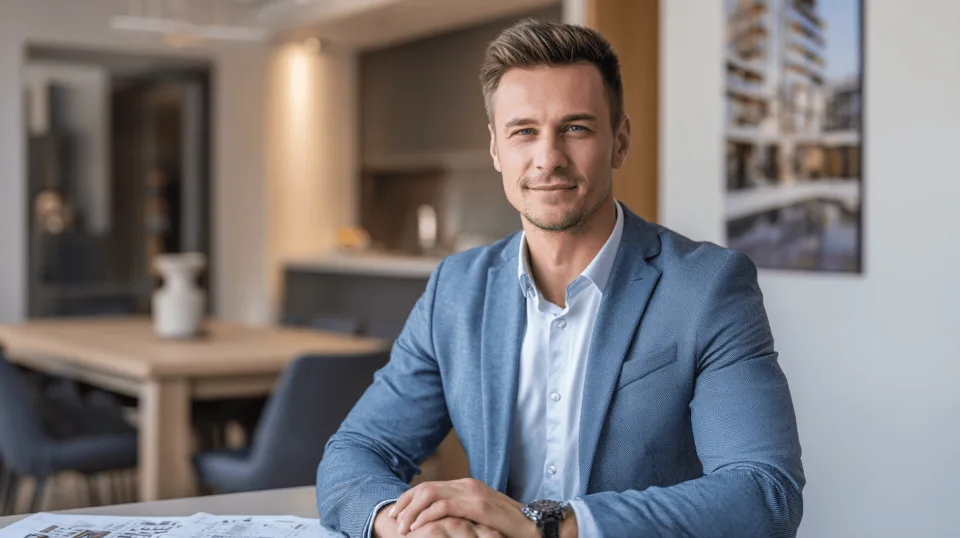 Fiatal ügyvéd az irodában az előlegről számol be