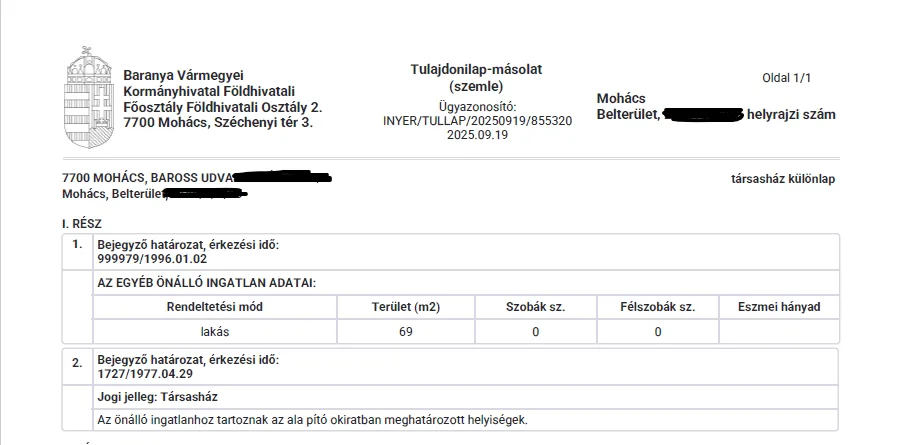 Mohácsi lakás tulajdoni lapja